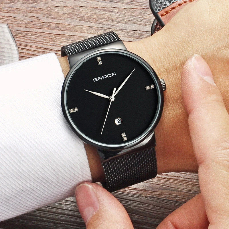 Men's waterproof quartz watch with stainless steel mesh belt in various colors