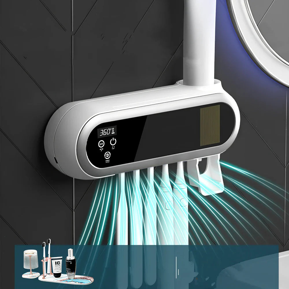 Smart UV toothbrush steriliser showing 233mm chamber and USB charging port with fireproof ABS housing