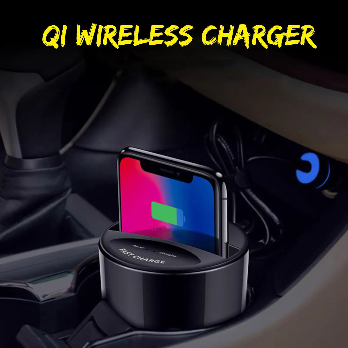 Black X9 car wireless charging cup and base for QI smartphones with Micro USB cable.