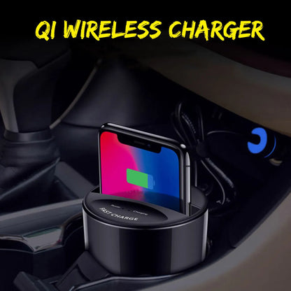 Black X9 car wireless charging cup and base for QI smartphones with Micro USB cable.