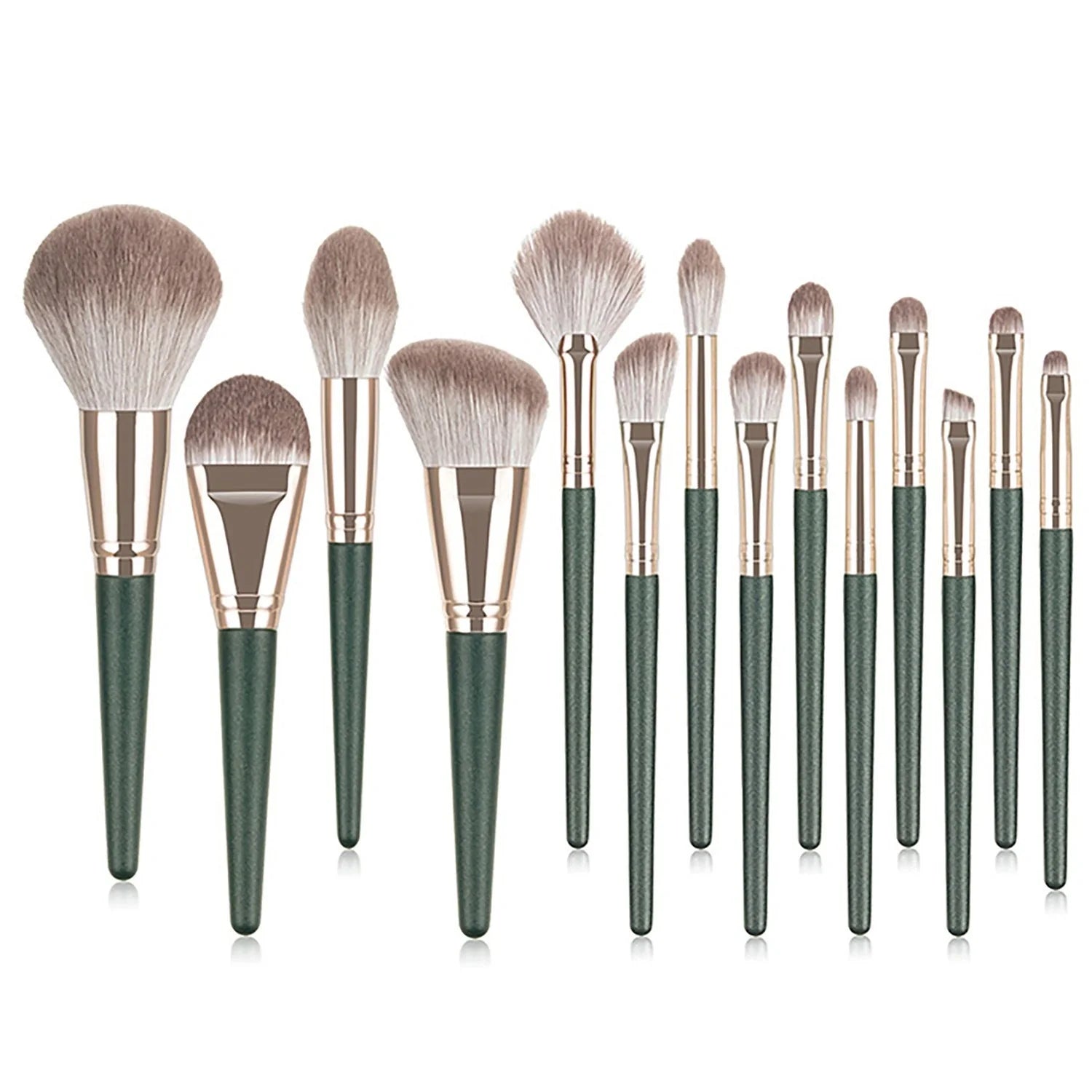Green Cloud 14 Makeup Brushes Set with wooden handles and artificial fiber bristles