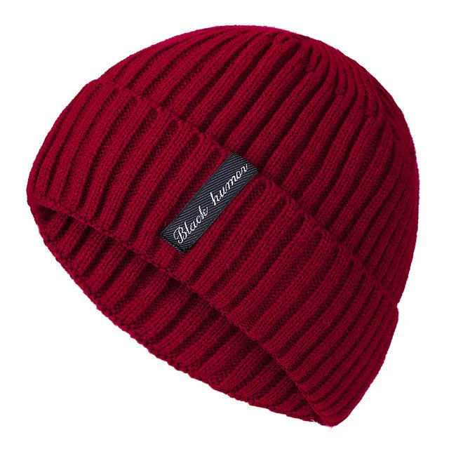 Unisex winter knit letters cap in cotton and coral wool, adult size, shown in black, coffee, dark blue, grey, khaki, and red