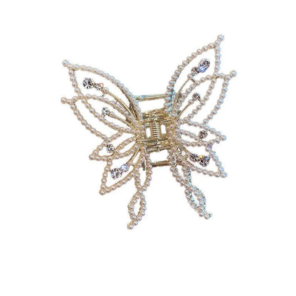 Butterfly-shaped alloy hair clip for women, available in rhinestone or pearl style.