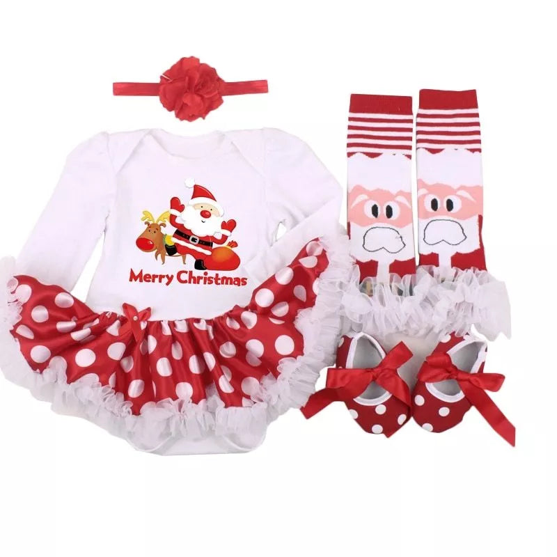 Four-piece Christmas newborn clothing set in natural cotton, including romper, headband, sock, and shoes