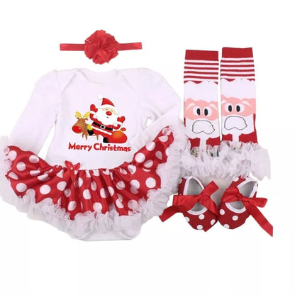 Four-piece Christmas newborn clothing set in natural cotton, including romper, headband, sock, and shoes