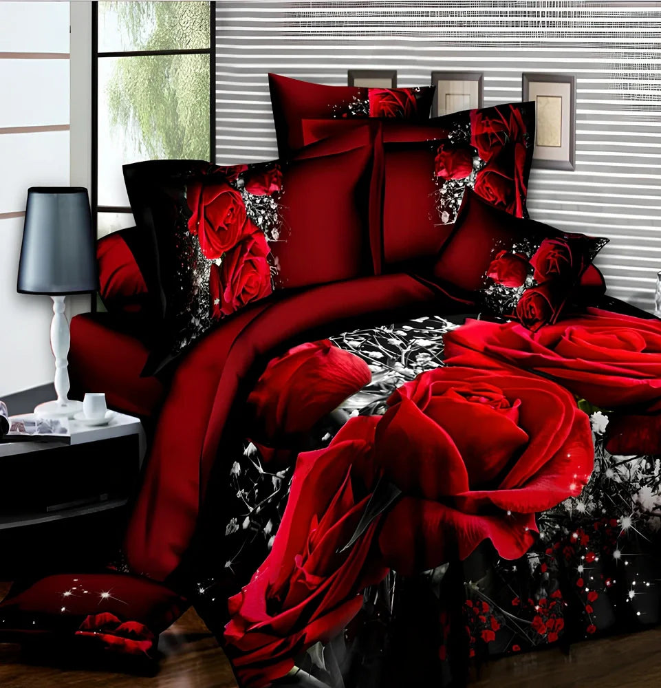 Brushed 3D floral pattern four-piece bedding set with quilt cover, sheets, and pillowcases in blue colour