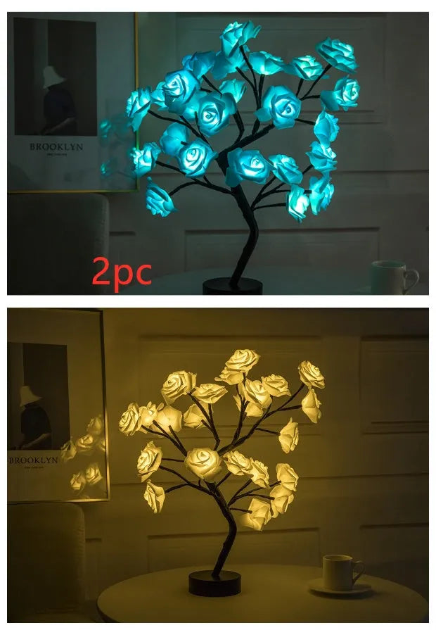 White and red rose flower LED lamp on a bonsai tree stand with warm white lights.