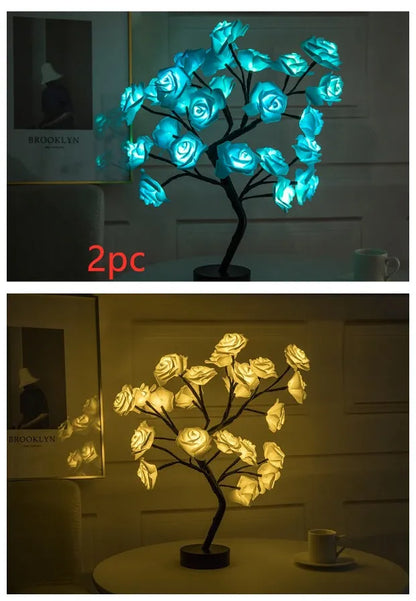 White and red rose flower LED lamp on a bonsai tree stand with warm white lights.