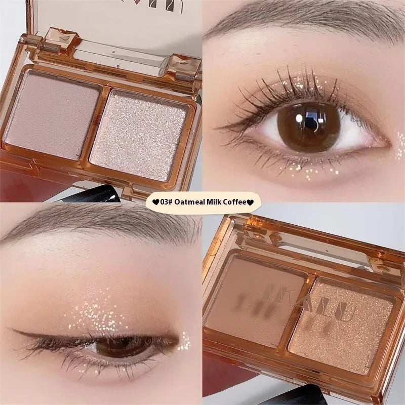 DIKALU two-colour eye shadow compact open, showing a matte and a shimmer shade split down the middle.