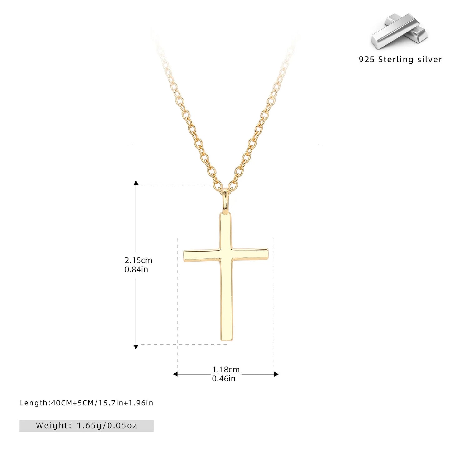 S925 sterling silver necklace with cross pendant on adjustable 41-50cm chain in gold plating