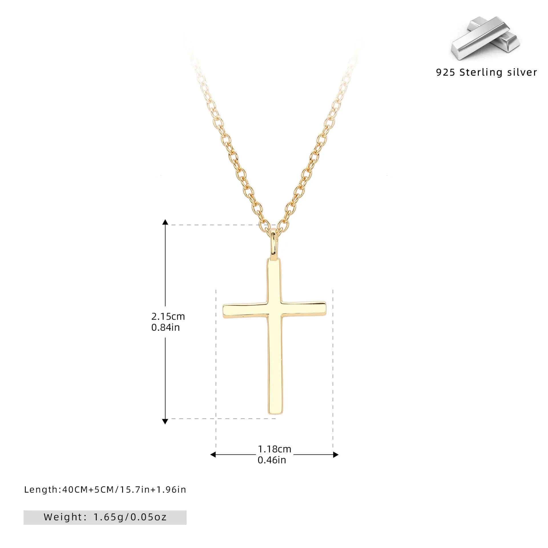 S925 sterling silver necklace with cross pendant on adjustable 41-50cm chain in gold plating