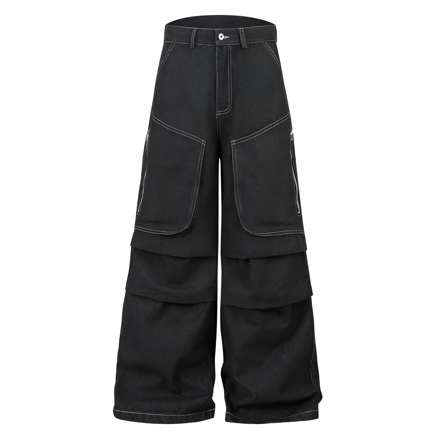 Black multi-pocket pleated workwear jeans with zip fly and straight leg cut