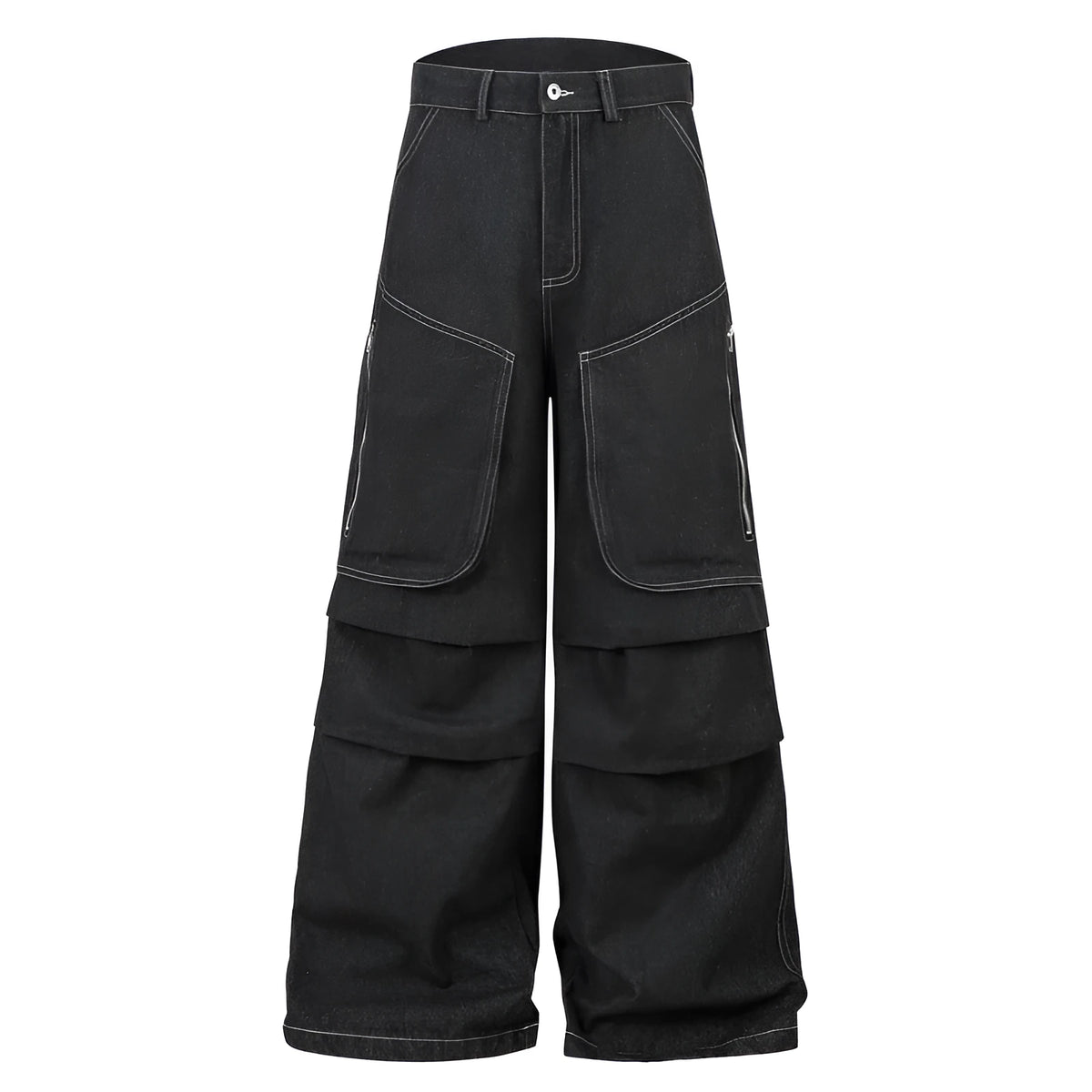 Black multi-pocket pleated workwear jeans with zip fly and straight leg cut