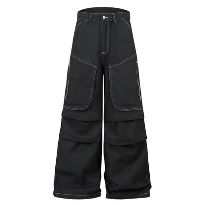 Black multi-pocket pleated workwear jeans with zip fly and straight leg cut