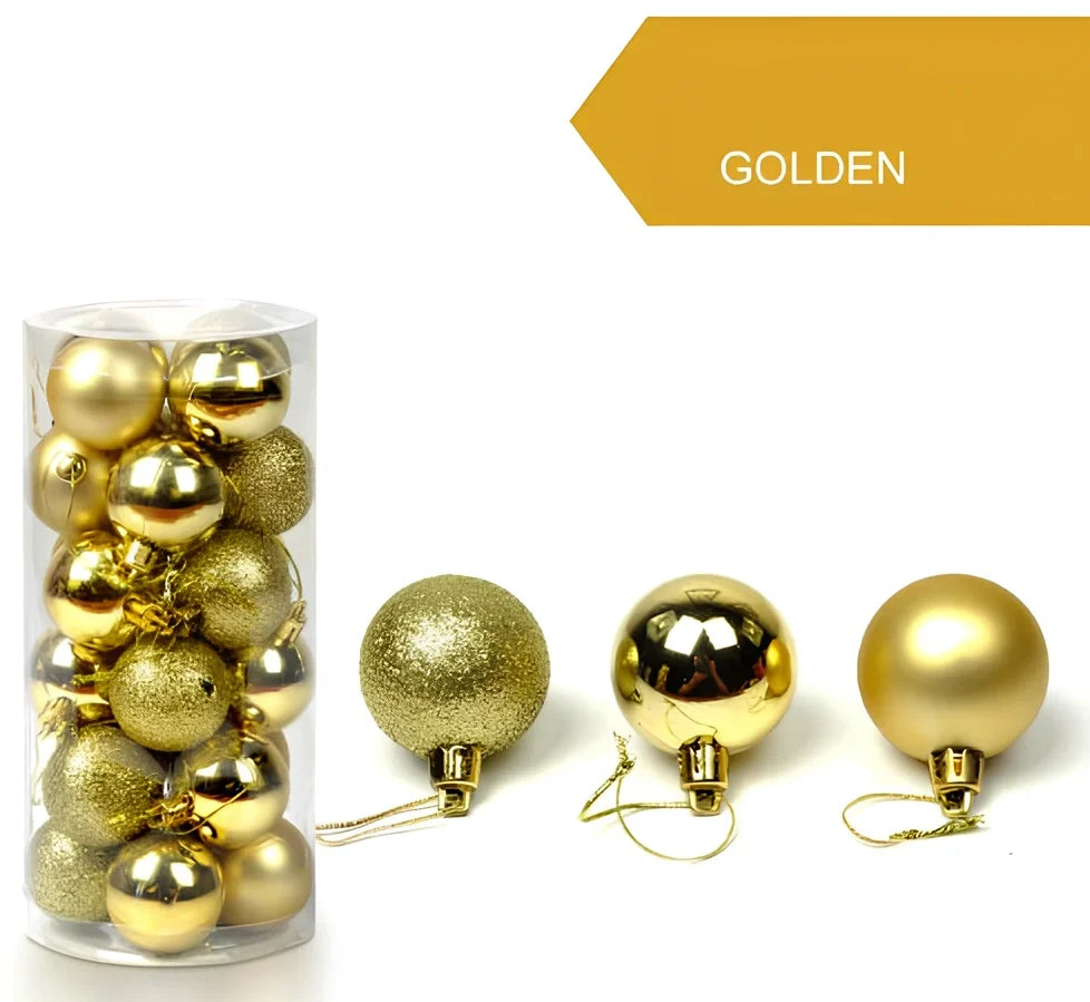 Christmas ball decorations in blue, green, purple, red, rose red, and silver colours showing 4cm, 6cm, and 8cm size comparison