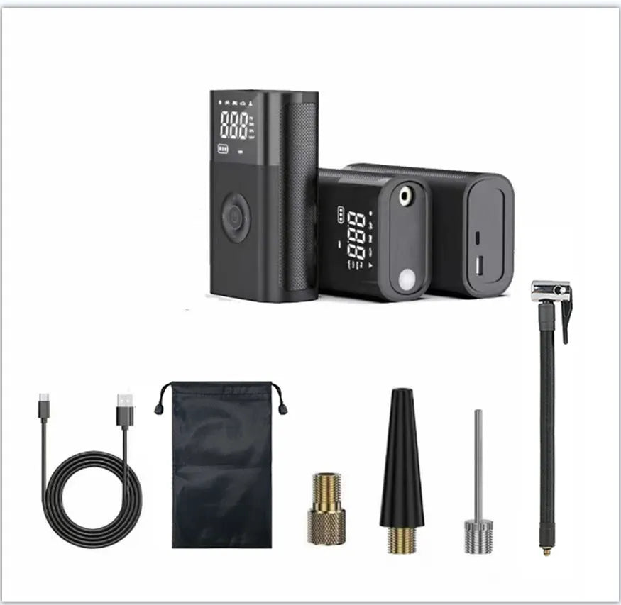 Wireless digital display handheld air pump with LED light and multiple valve adaptors for cars, bicycles and sports equipment