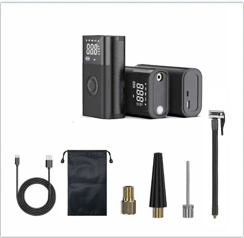 Wireless digital display air pump for car tyre inflation with handheld design, multi-function use for bicycles, basketballs, air beds, and swim rings, featuring 120W power ABS construction and built-in LED light with pressure gauge