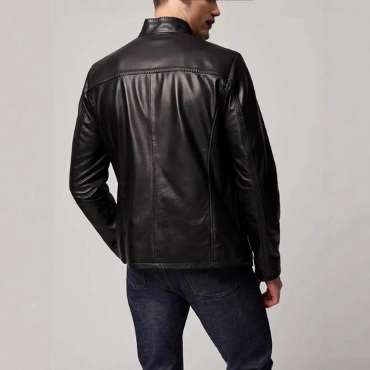 Black men's retro-style polyester jacket with straight hem design and long sleeves