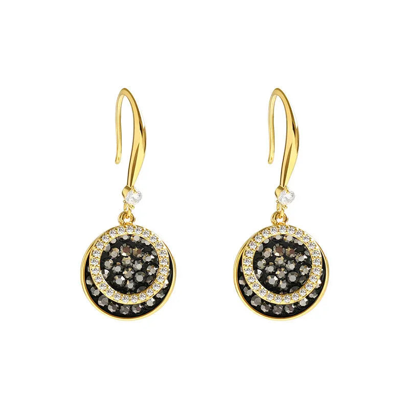 Black retro geometric circle drop earrings with hook fastening, 3.6cm long.