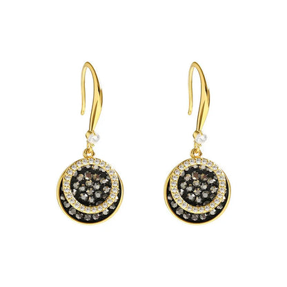 Black retro geometric circle drop earrings with hook fastening, 3.6cm long.