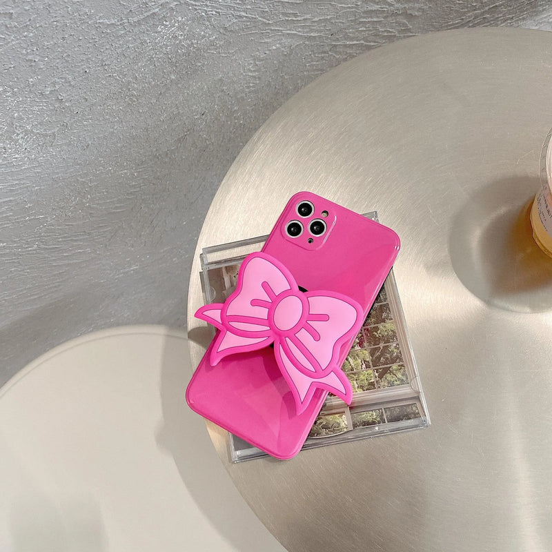 Rose Red Phone Case with Bow Stand for Apple iPhones including iPhone 7 to 12 models, Korean style TPU back cover case with built-in viewing stand and solid colour design