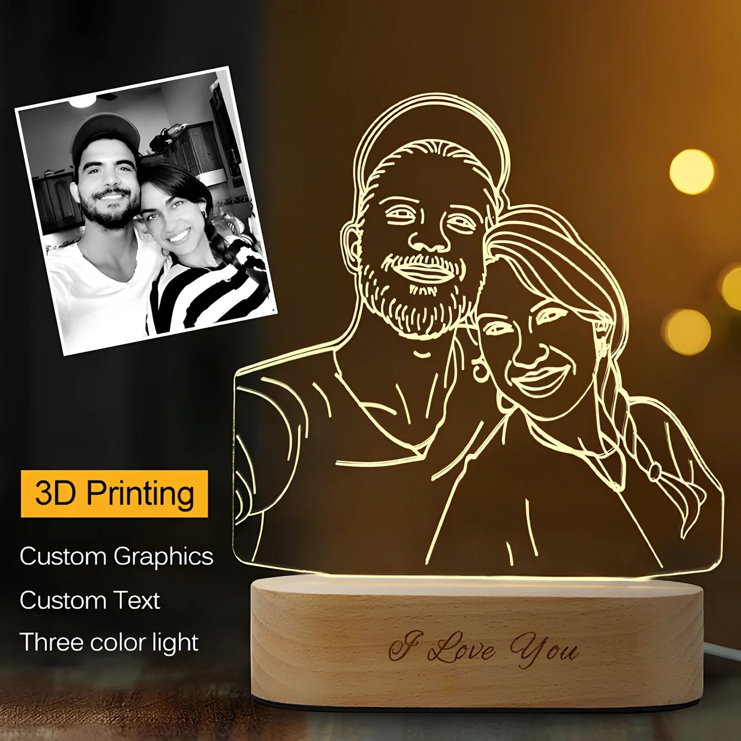 Custom 3D stereo night light displaying personalised portrait with LED illumination through acrylic casing