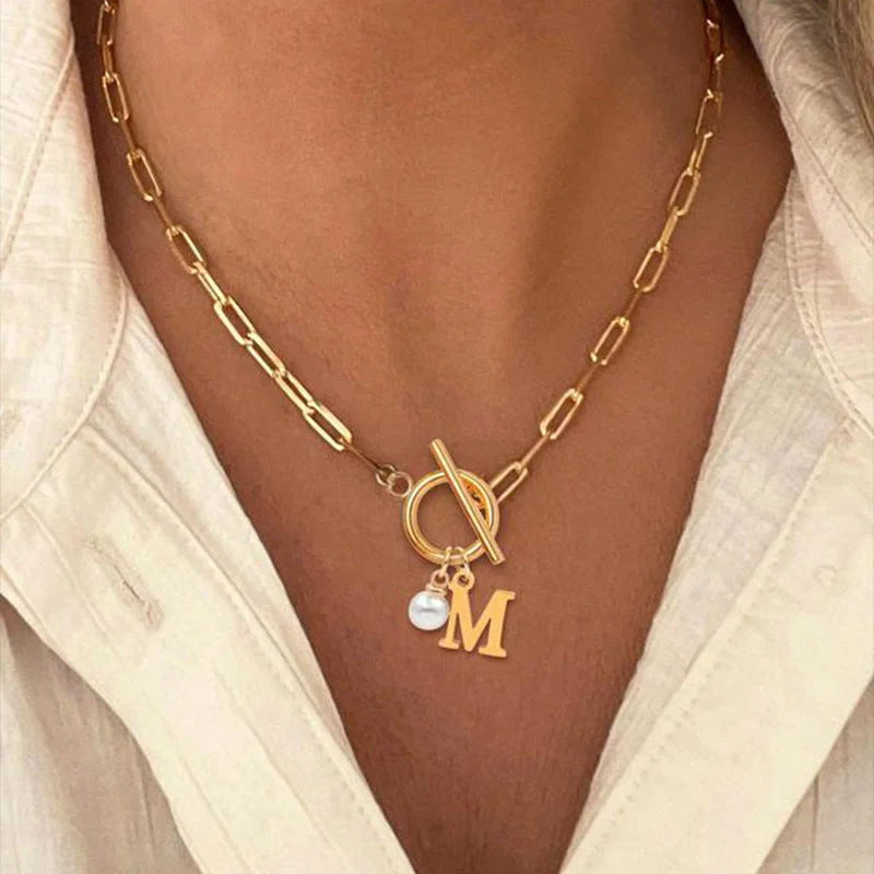 Personalized English letter necklace with stainless steel chain and imitation pearl pendant