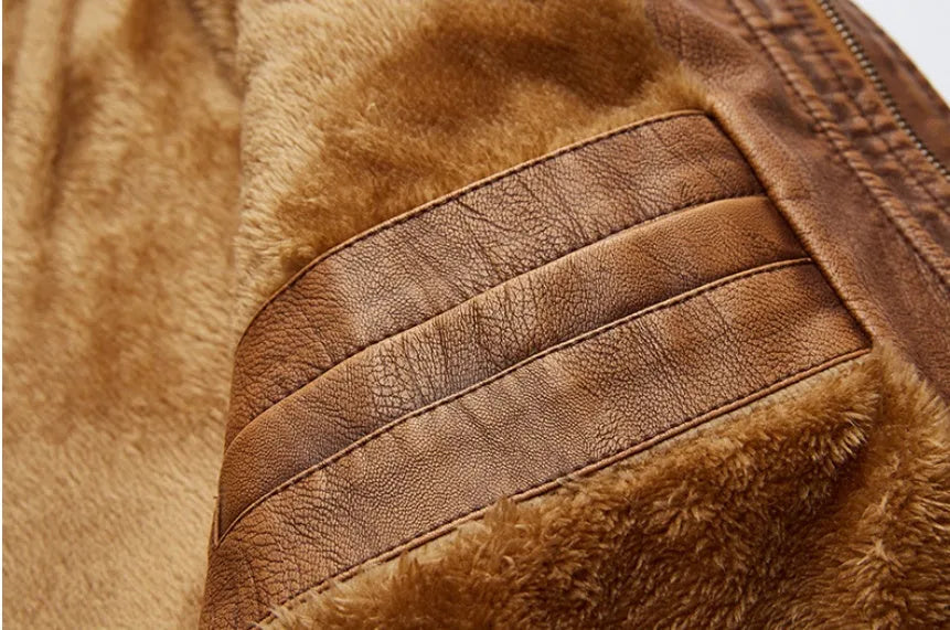 Men's PU leather jacket with velvet lining, available in khaki, black, and brown, sizes L to 5XL
