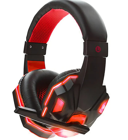 3.5mm gaming headset with LED lighting in blue colour, head-mounted design with adjustable headband