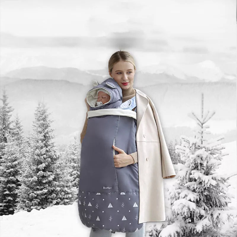 Adjustable windproof baby carrier cloak in blue, dark grey, or wine red with reflective tape