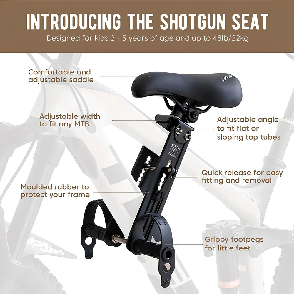 Black front-mounted kids bicycle seat with quick-release attachment for mountain bikes