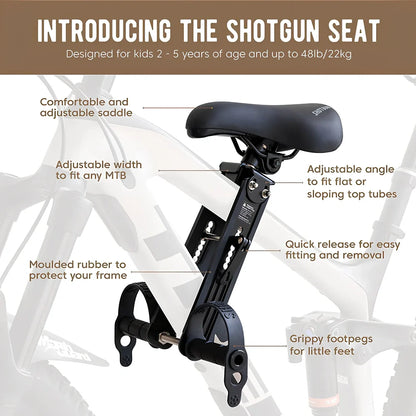 Black front-mounted kids bicycle seat with quick-release attachment for mountain bikes