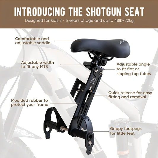 Black front-mounted kids bicycle seat with quick-release attachment for mountain bikes