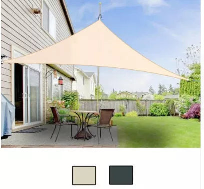 Triangle outdoor sunshade canopy in sand yellow and gray, sizes 300x300cm and 360x360cm