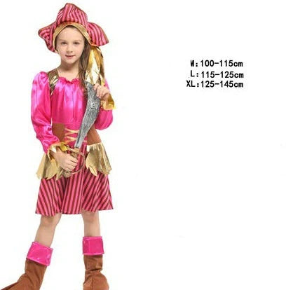 Halloween children's pirate costume with multiple character options and sizing guidance
