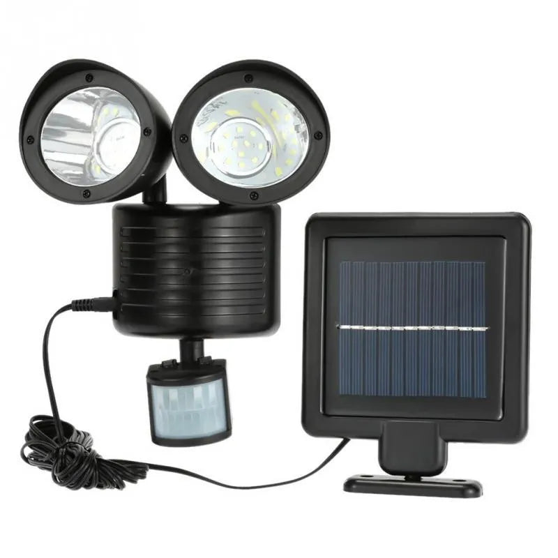 Black dual-head solar security spotlight with motion sensor for outdoor wall mounting