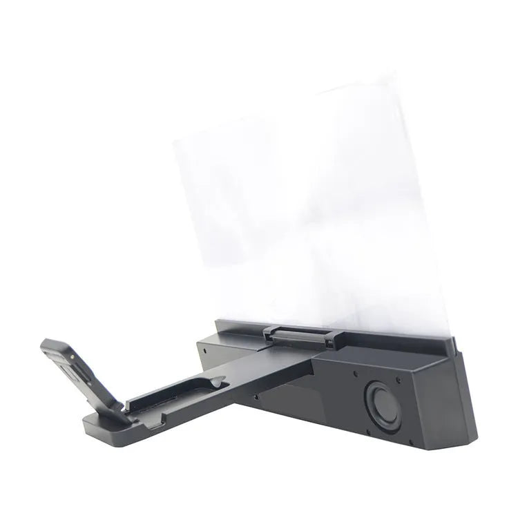 Mobile phone screen amplifier with 12-inch HD acrylic lens, 4 ohm 3 watt diaphragm speaker, Bluetooth 3.0 audio, 18650 battery support, and ABS housing for universal smartphone projection.
