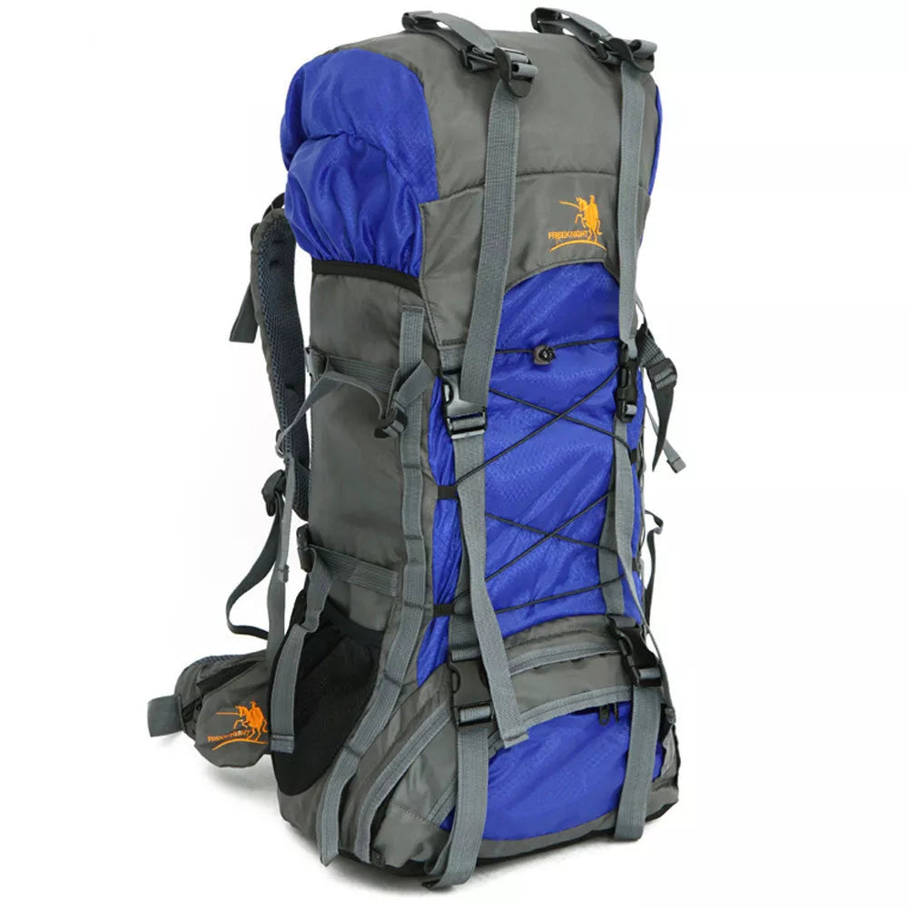 Extra Large Outdoor 60L Travel Backpack with external storage and waist bags
