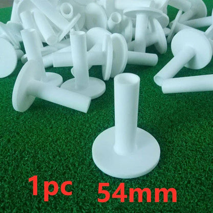 Premium white golf tees with adjustable heights ranging from 42mm to 80mm, presented in a 5-piece set for convenient use on the driving range or golf course