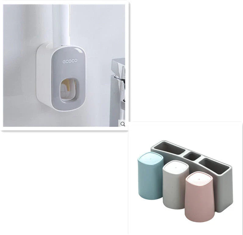 Wall-mounted automatic toothpaste dispenser with toothbrush holder and storage organizer, available in black and grey colors