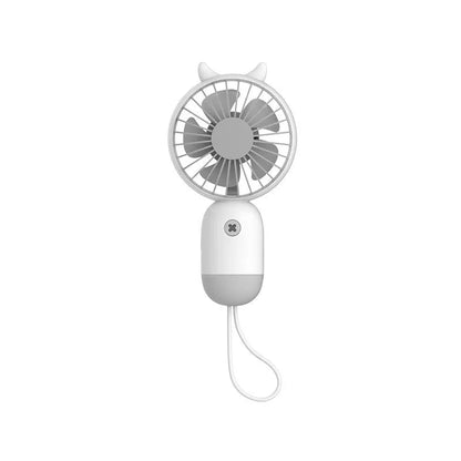 Handheld portable mini fan in green, pink, purple, or white, made from ABS and silicone with 500mAh battery
