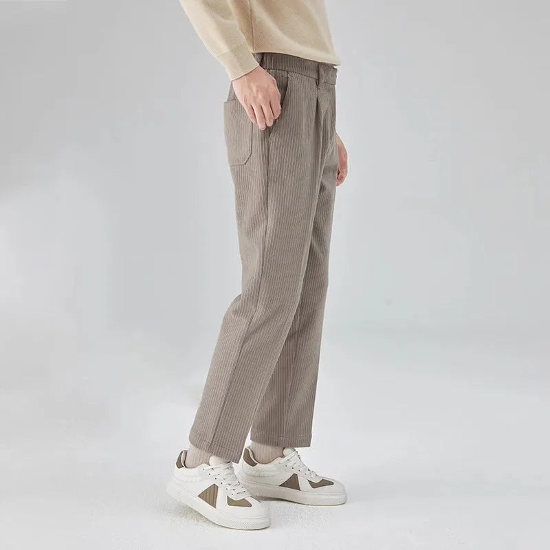 Men's straight-leg corduroy trousers in beige, black, and brown gray colours showing mid-waist and loose fit
