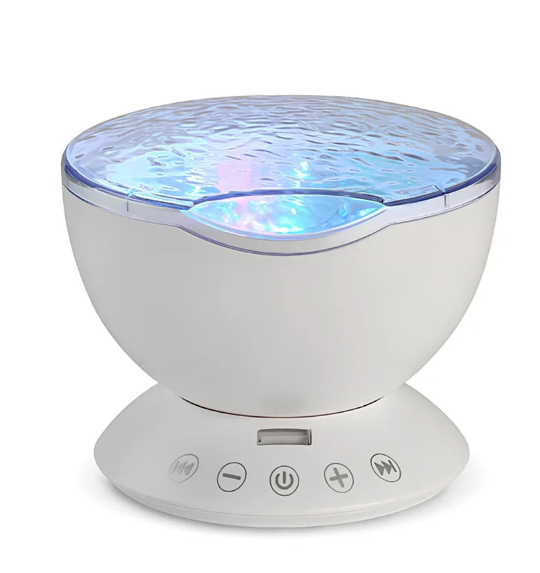 White and blue ocean wave projector measuring 13x12x12 cm with remote control