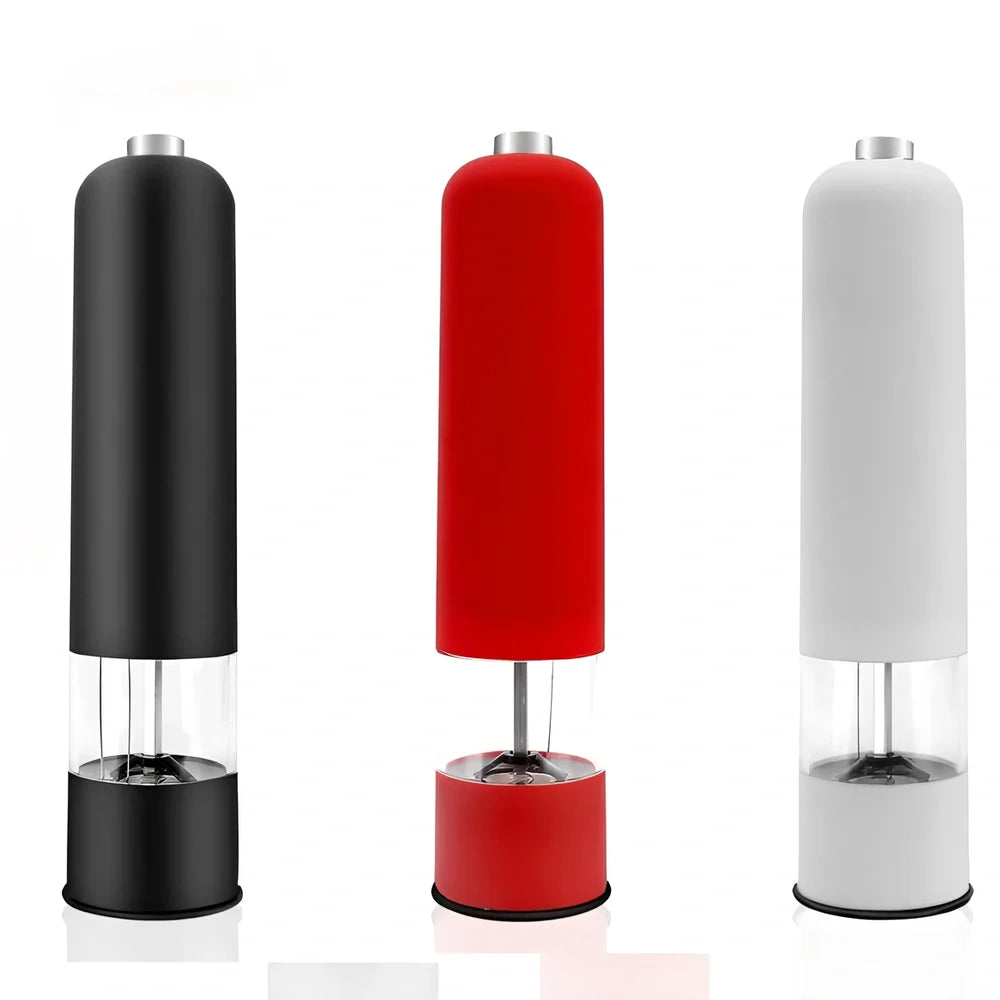 Silver stainless steel electric salt and pepper grinder with one-handed operation button