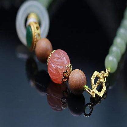 Natural Hetian jade lotus bead necklace and bracelet set with zodiac animal design
