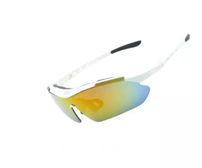 Cycling glasses with polarized lenses in black, red, blue, and white options