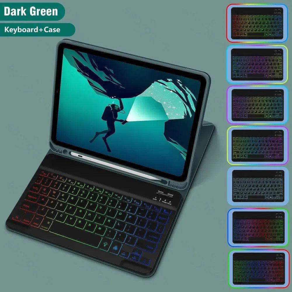 iPad in a black TPU leather case with a built-in luminous RGB backlit Bluetooth keyboard and a stand open.