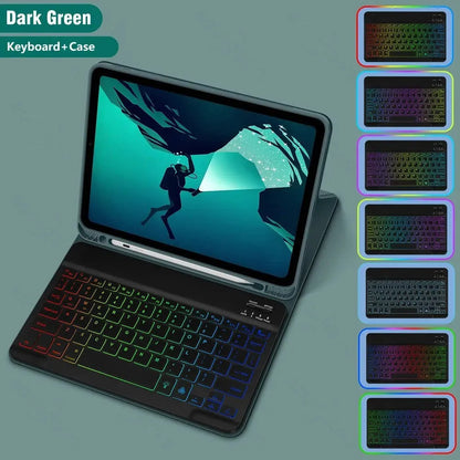 iPad in a black TPU leather case with a built-in luminous RGB backlit Bluetooth keyboard and a stand open.