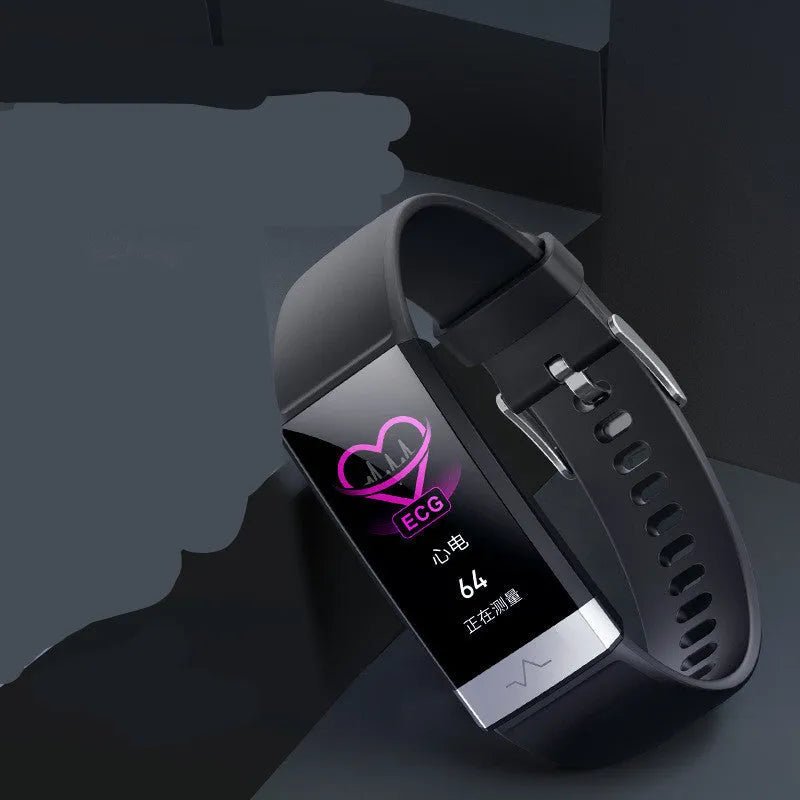 V19 smart health tracker in black on a wrist, showing colour display with heart rate and SpO2 data.