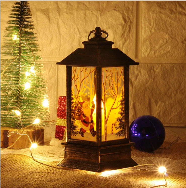 Festive LED Christmas lanterns with Santa Claus, snowman, and other holiday-themed designs